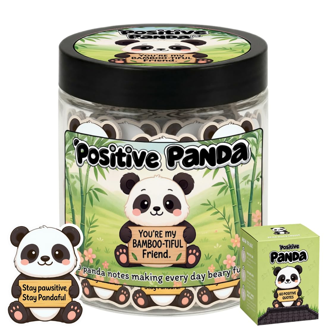 DEARMINE Positive Panda Jar front view with affirmation cards