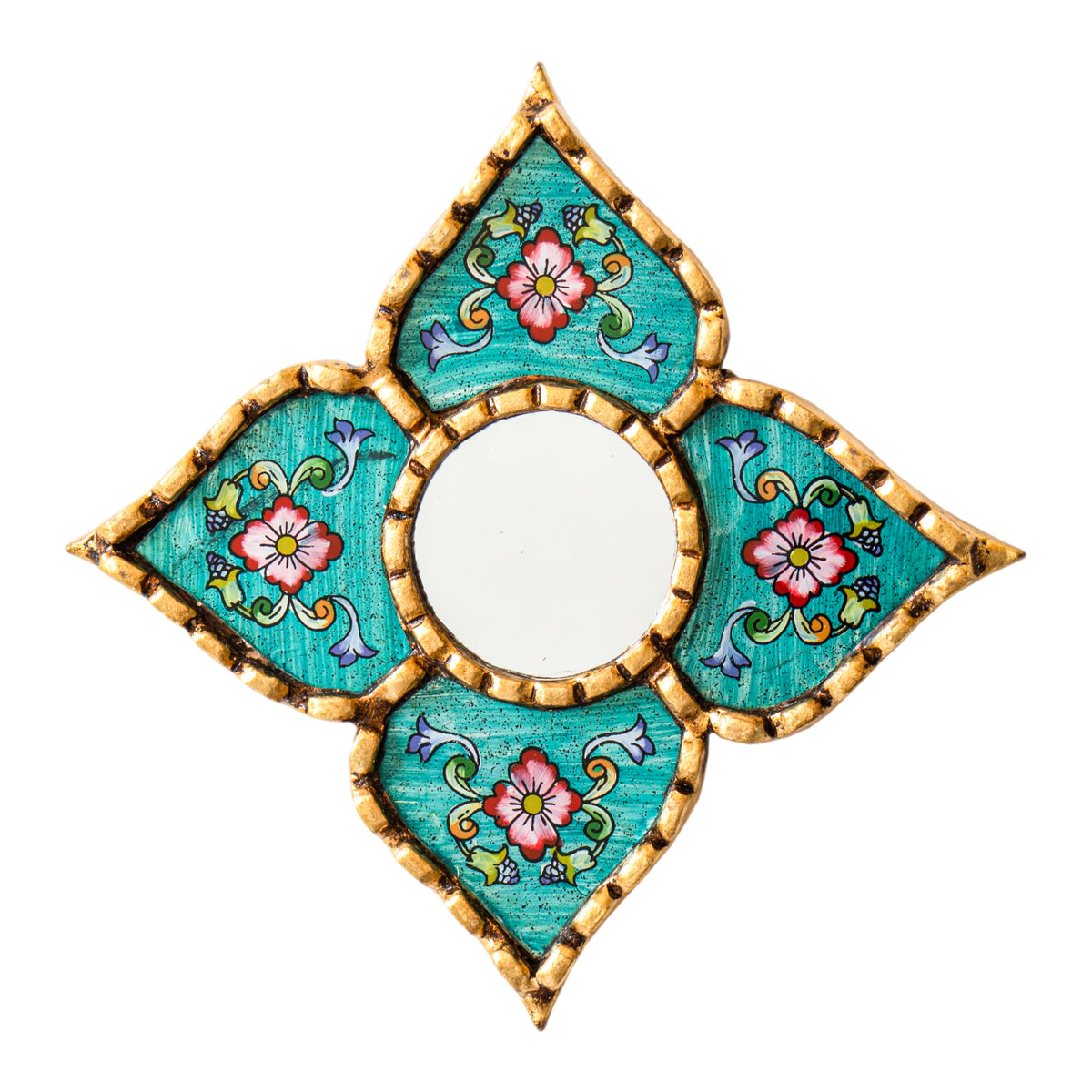 DecorContreras artisan mirror front view with turquoise background