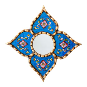 DecorContreras Artisan Small Decorative Mirror front view with blue reverse-painted glass