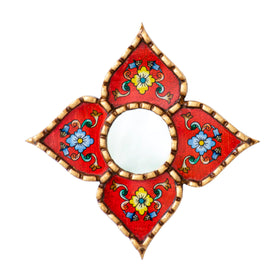 DecorContreras painted glass mirror front view with red floral motifs