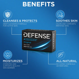 Defense Soap 5-pack displayed in a bathroom setting