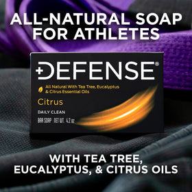 Defense Soap Citrus Bar displayed on a bathroom counter