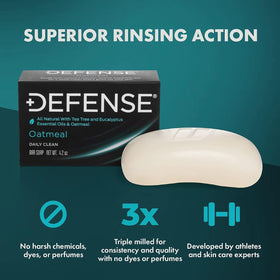 Defense Soap Oatmeal Bar Soap packaging with three bars