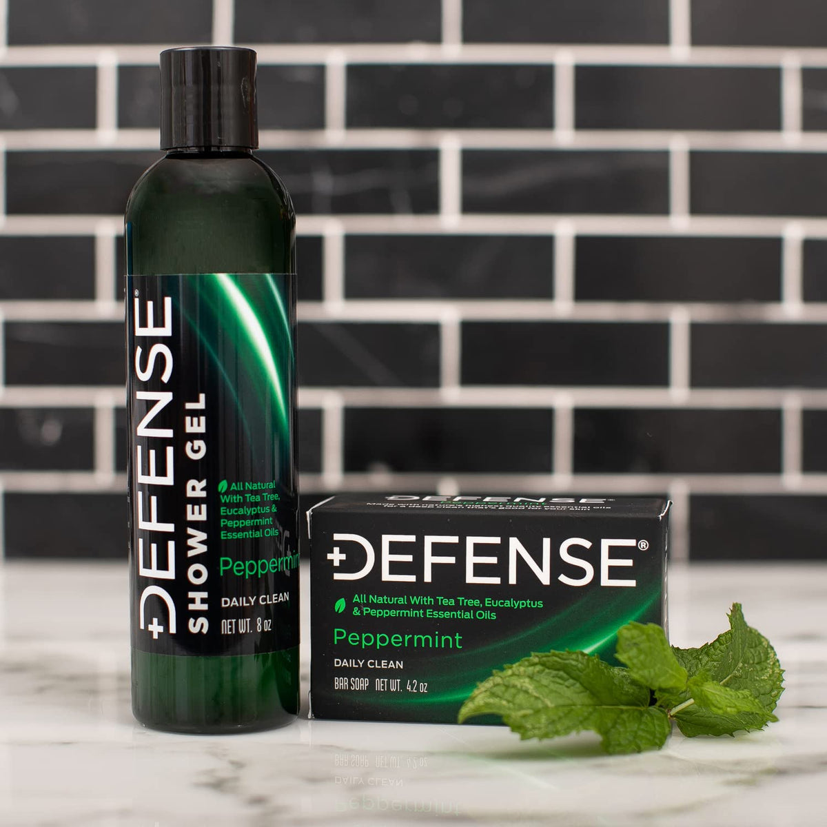 Defense Soap peppermint bar soap in a shower setting