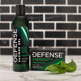 Defense Soap showing natural ingredients on label