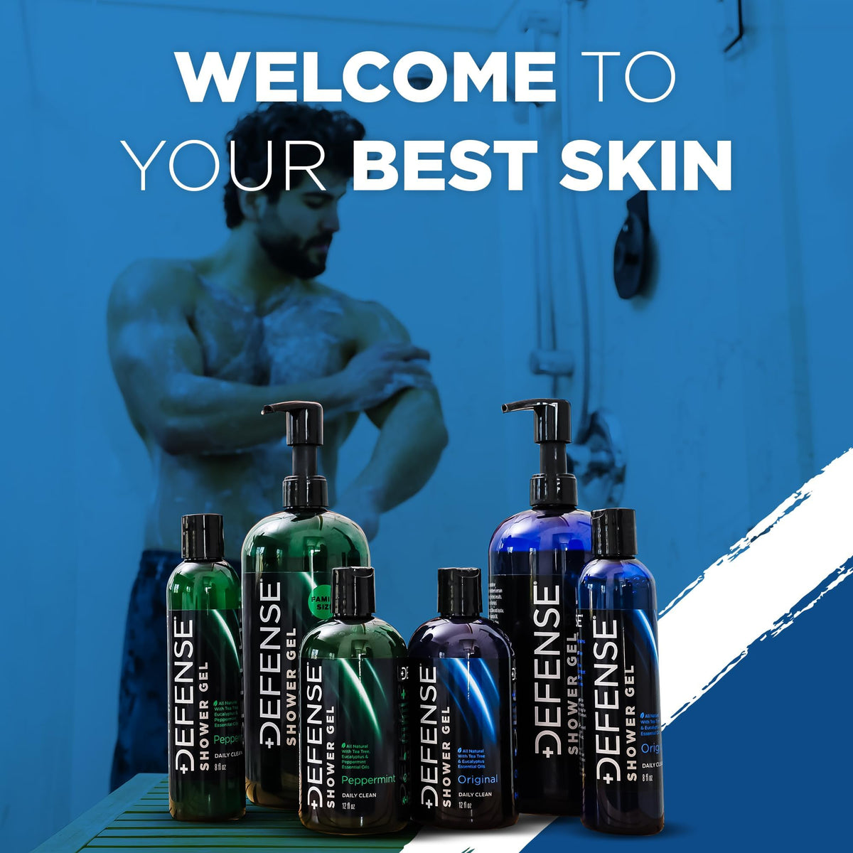 Defense Soap Tea Tree Body Wash bottle on bathroom shelf