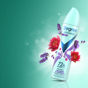 Degree Antiperspirant Deodorant Dry Spray Lavender & Waterlily on bathroom counter