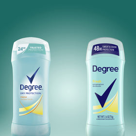 Degree Antiperspirant Deodorant Fresh Energy displayed in a bathroom setting