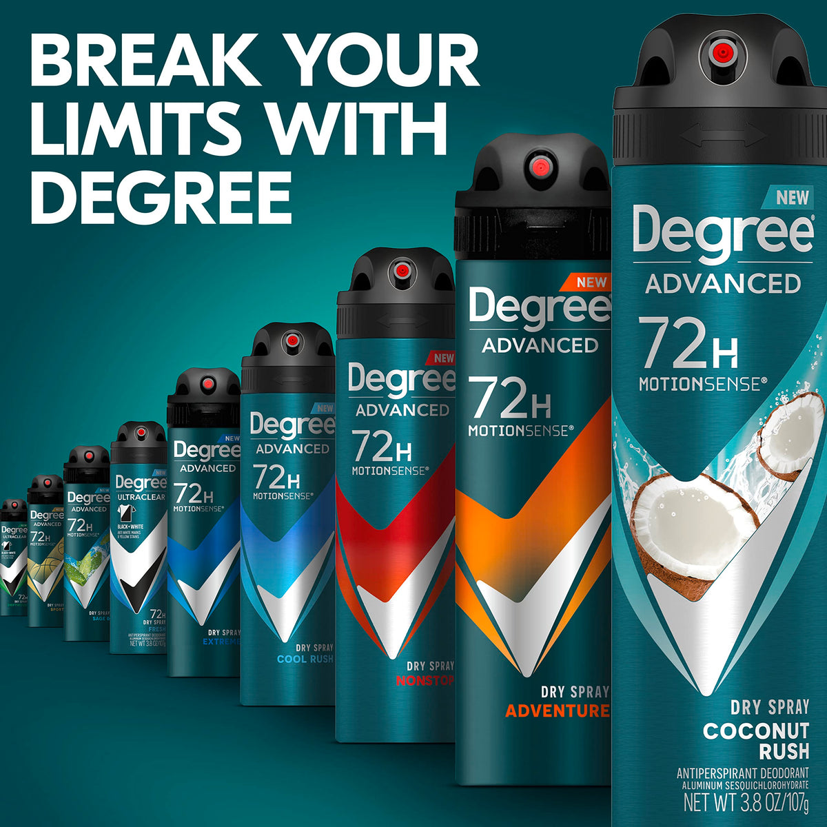 Degree Coconut Rush Antiperspirant Dry Spray 3 pack displayed on bathroom counter