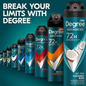 Degree Coconut Rush Antiperspirant Dry Spray 3 pack displayed on bathroom counter