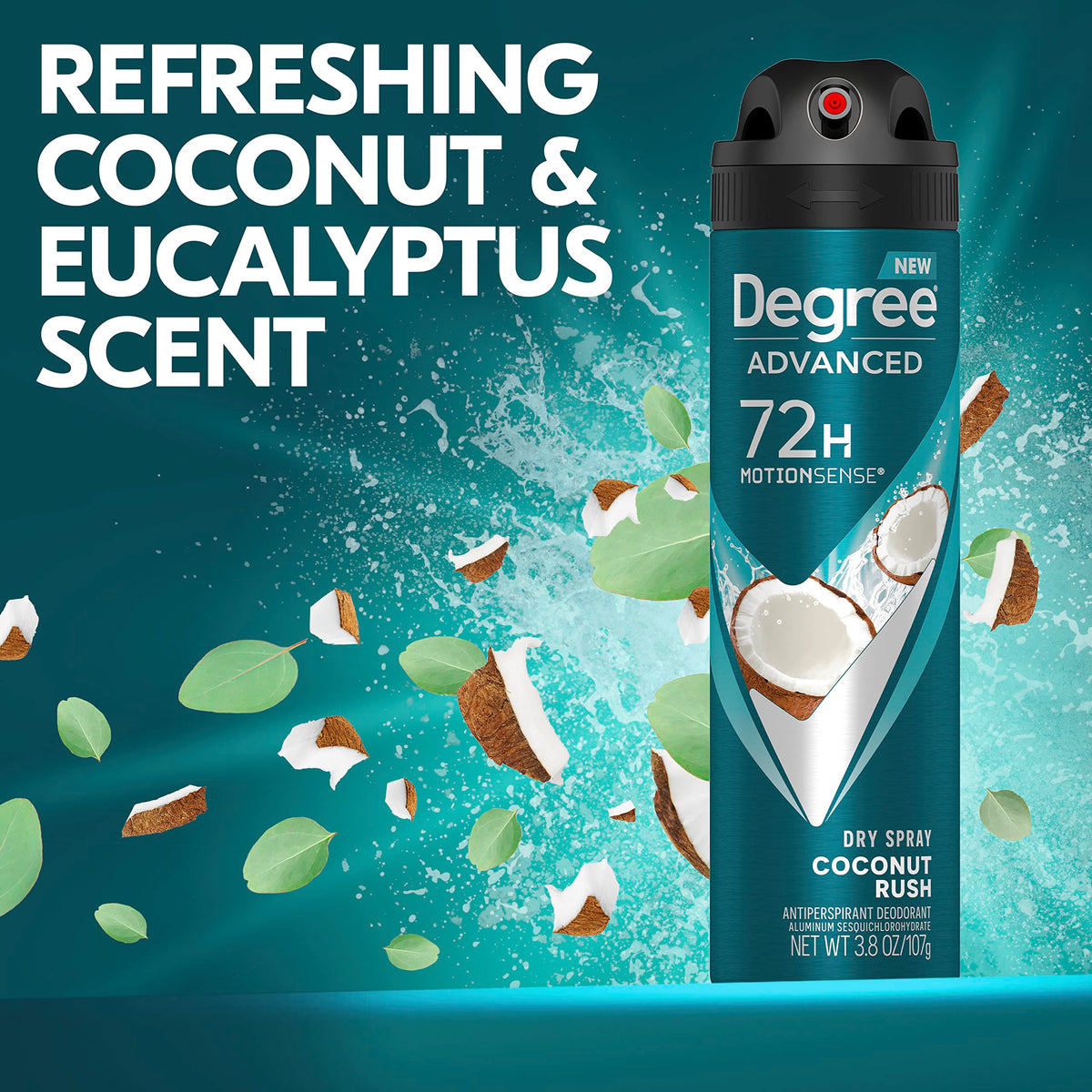 Degree Coconut Rush Antiperspirant Dry Spray side view with packaging