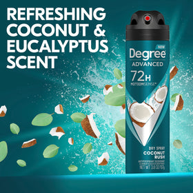 Degree Coconut Rush Antiperspirant Dry Spray side view with packaging