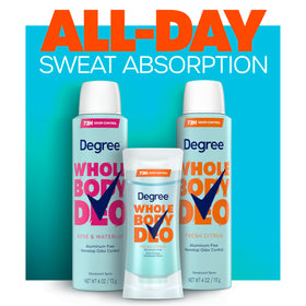 Degree deodorant spray in hand demonstrating easy use