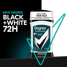 Degree Men UltraClear Antiperspirant Deodorant Black+White on a bathroom shelf