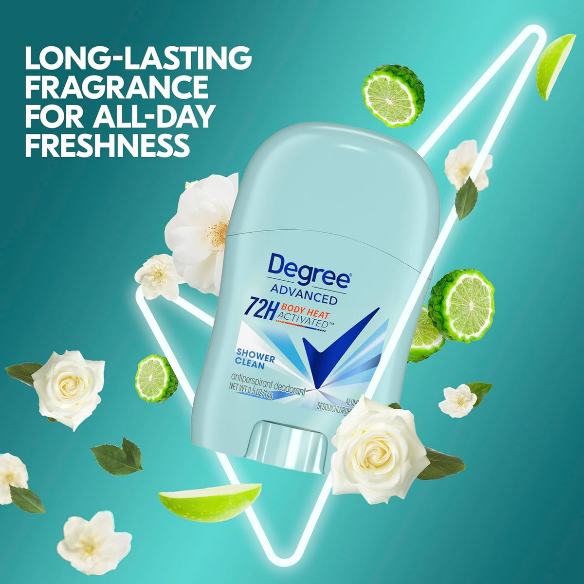 Degree Shower Clean Antiperspirant Deodorant Stick on a gym bag