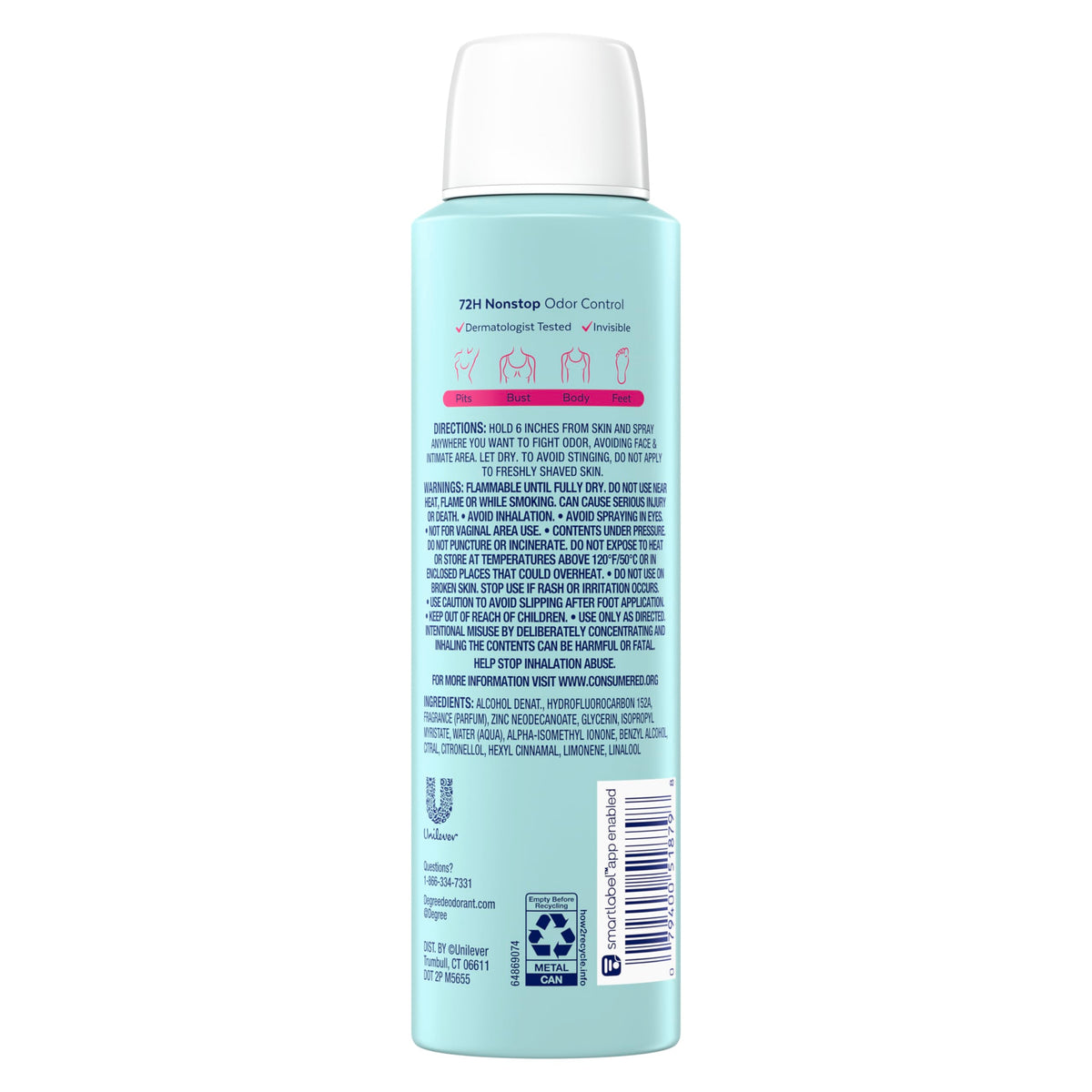 Degree Women Whole Body Deodorant Spray back view showing ingredients