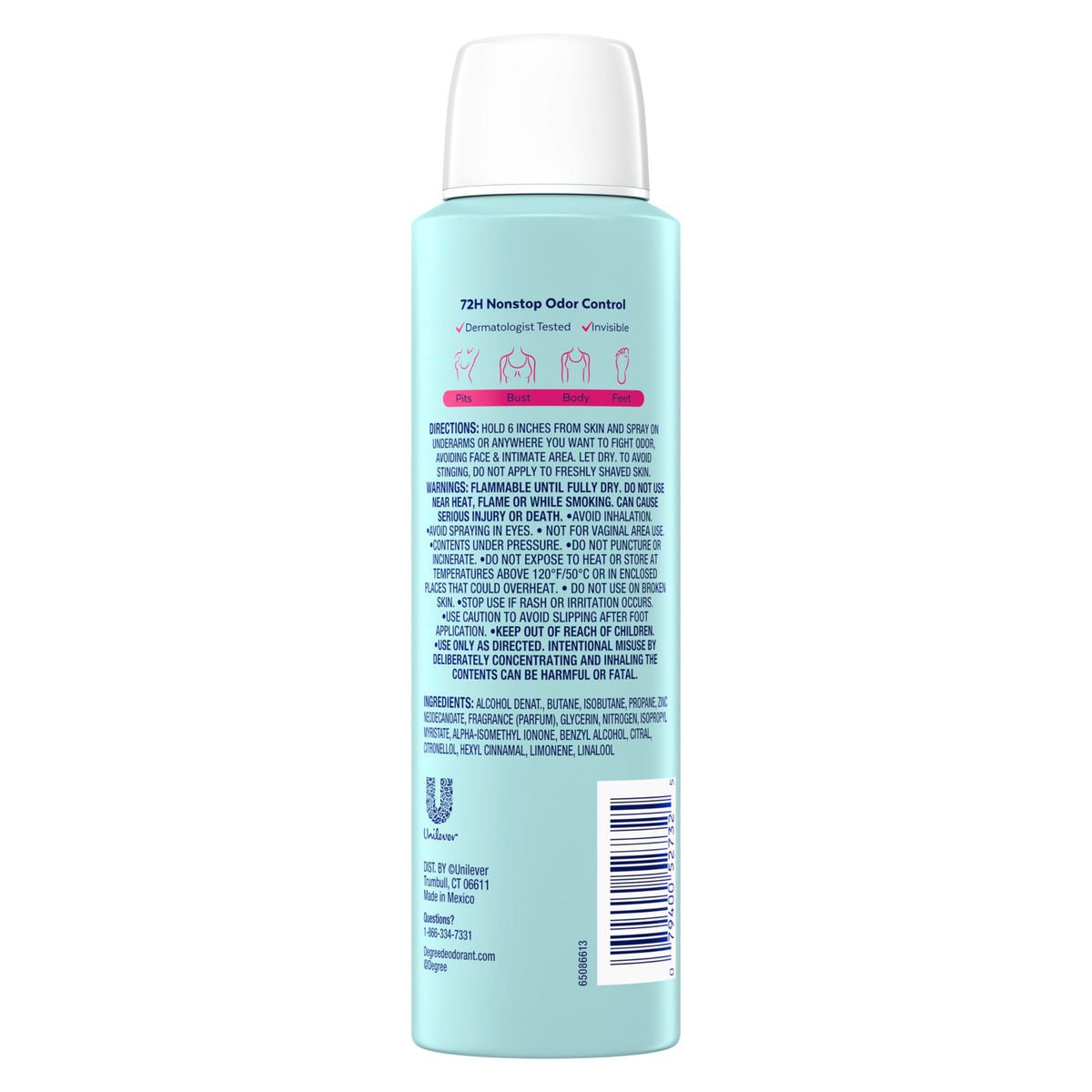 Degree Women Whole Body Deodorant Spray back view with usage instructions