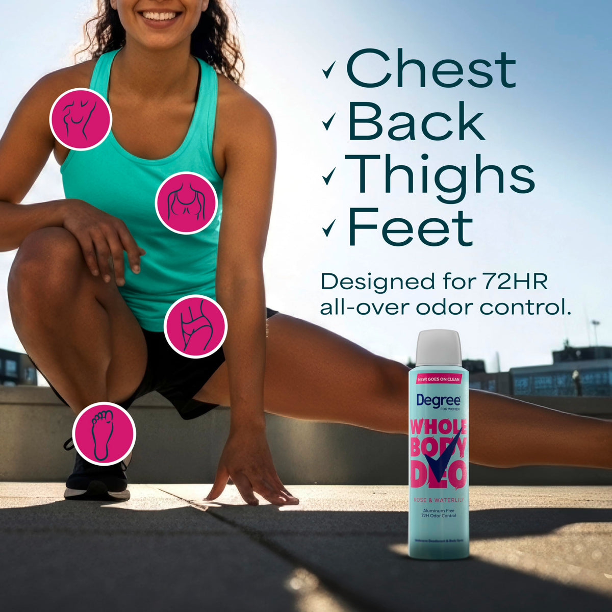 Degree Women Whole Body Deodorant Spray packaging with rose and waterlily graphics