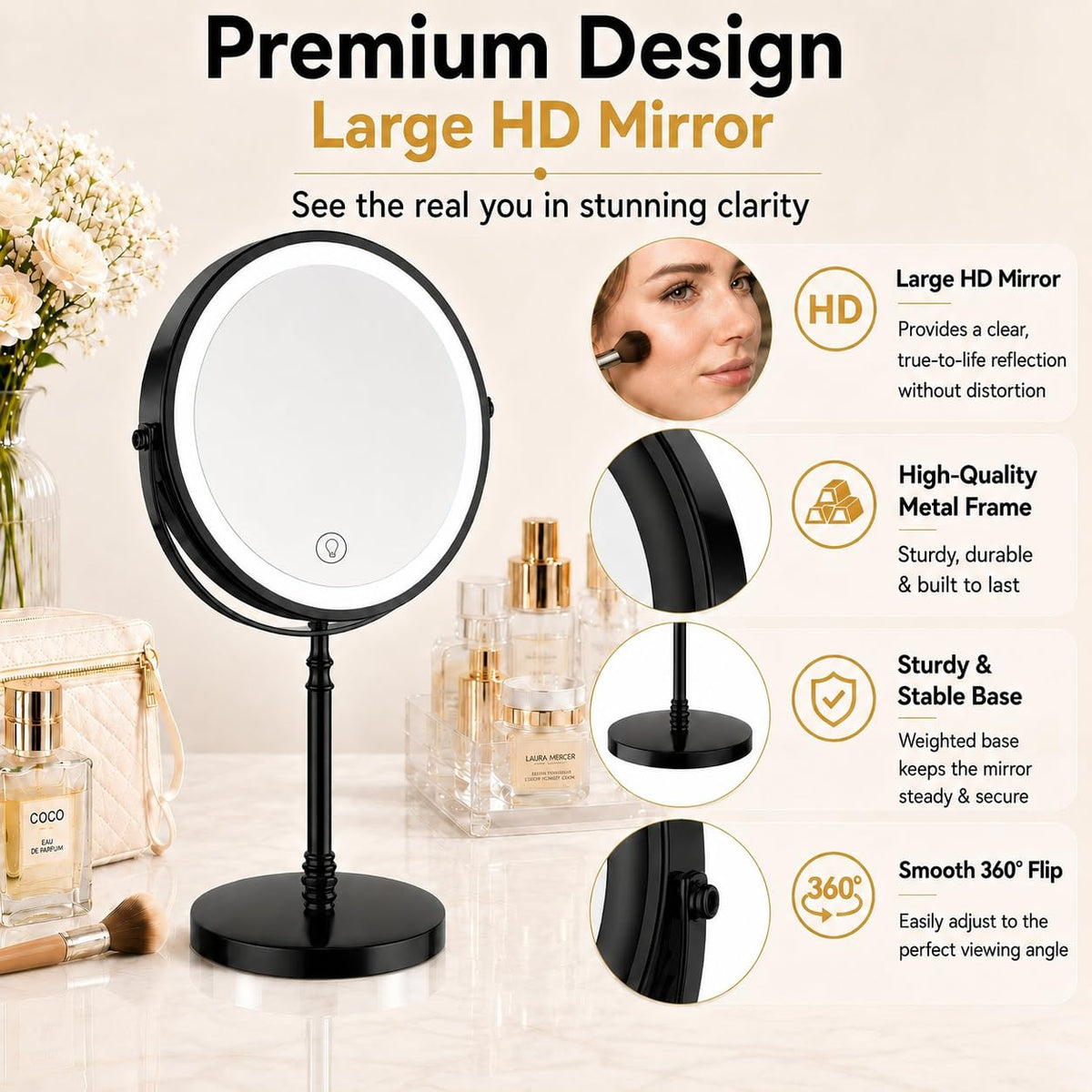 DEIOVWXS Makeup Mirror close-up of nano-coated finish