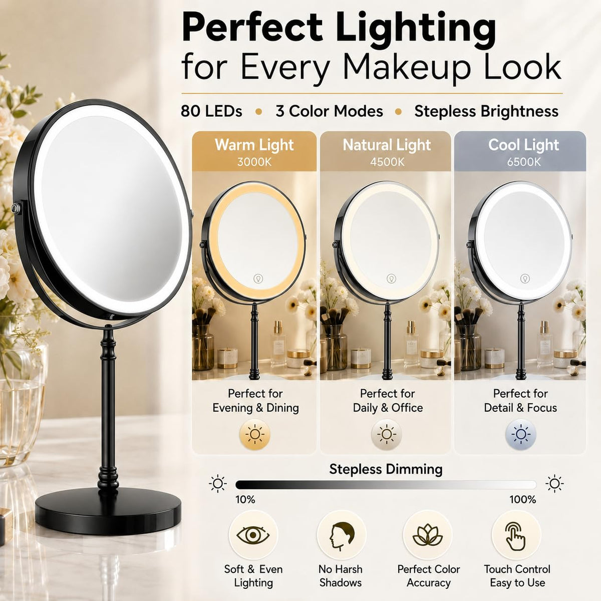 DEIOVWXS Makeup Mirror with adjustable brightness settings