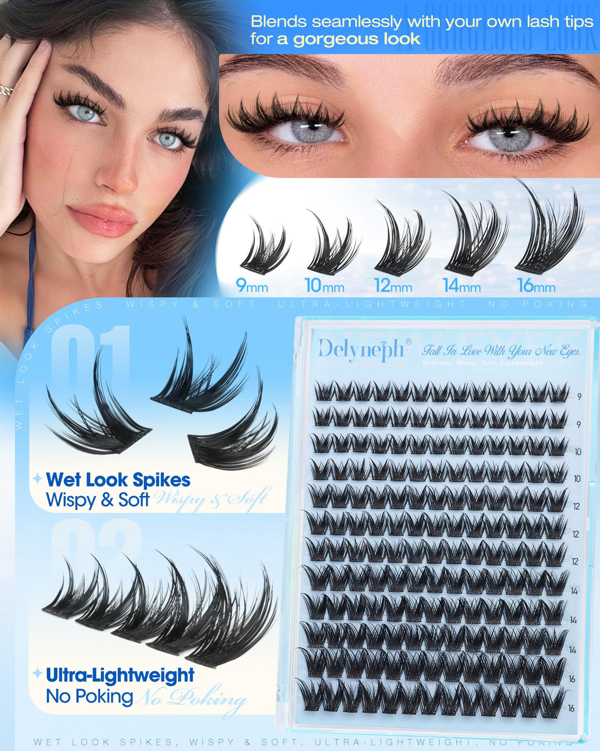 Delyneph Manga Lash Clusters in different lengths laid out