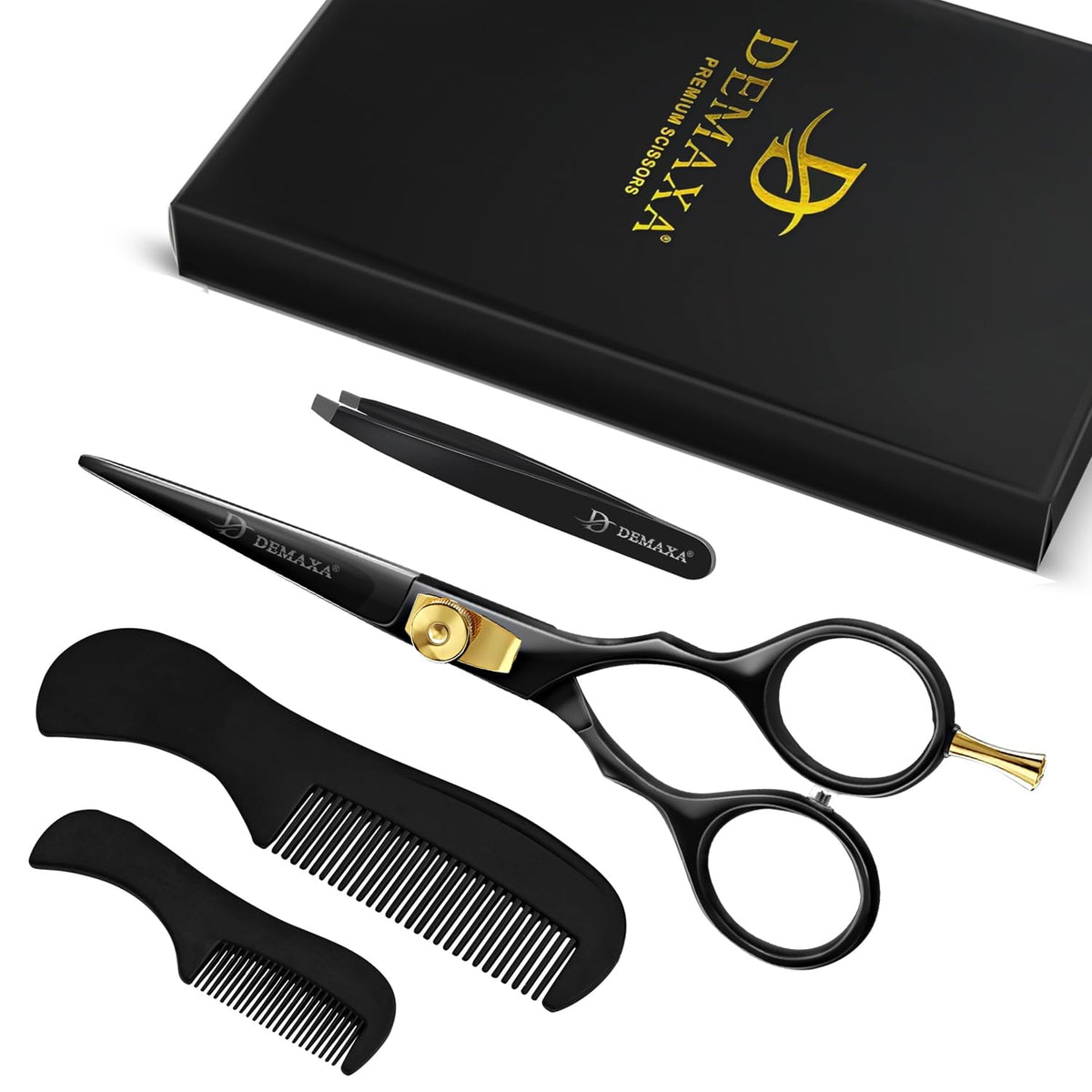DEMAXA grooming kit including scissors, tweezers, and combs