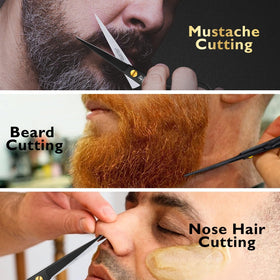 DEMAXA grooming scissors alongside other facial hair tools