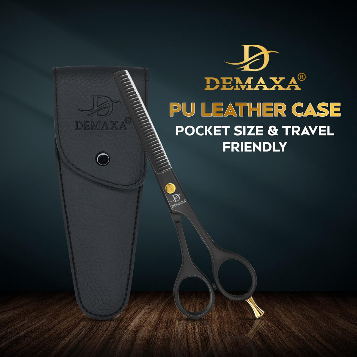 DEMAXA Hair Thinning Shears on a wooden table