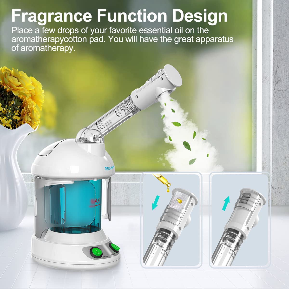 Denfany Facial Steamer side view showcasing 360° rotatable sprayer
