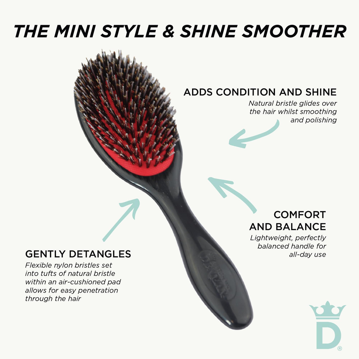 Denman Cushion Hair Brush Small demonstrating detangling hair