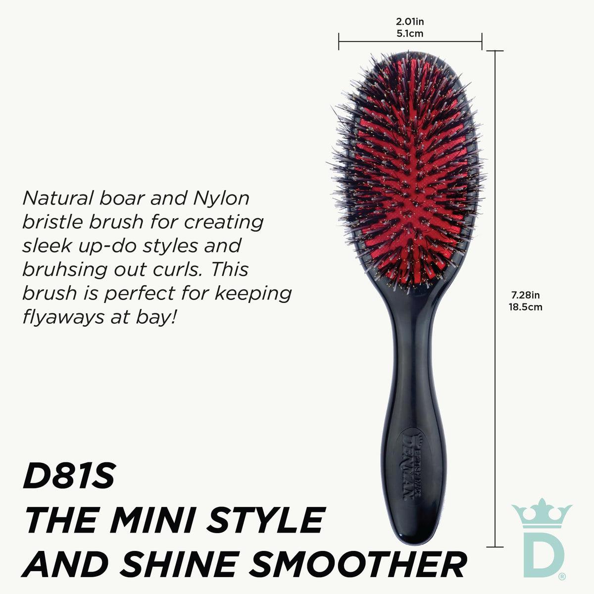 Denman Cushion Hair Brush Small showing nylon quill bristles