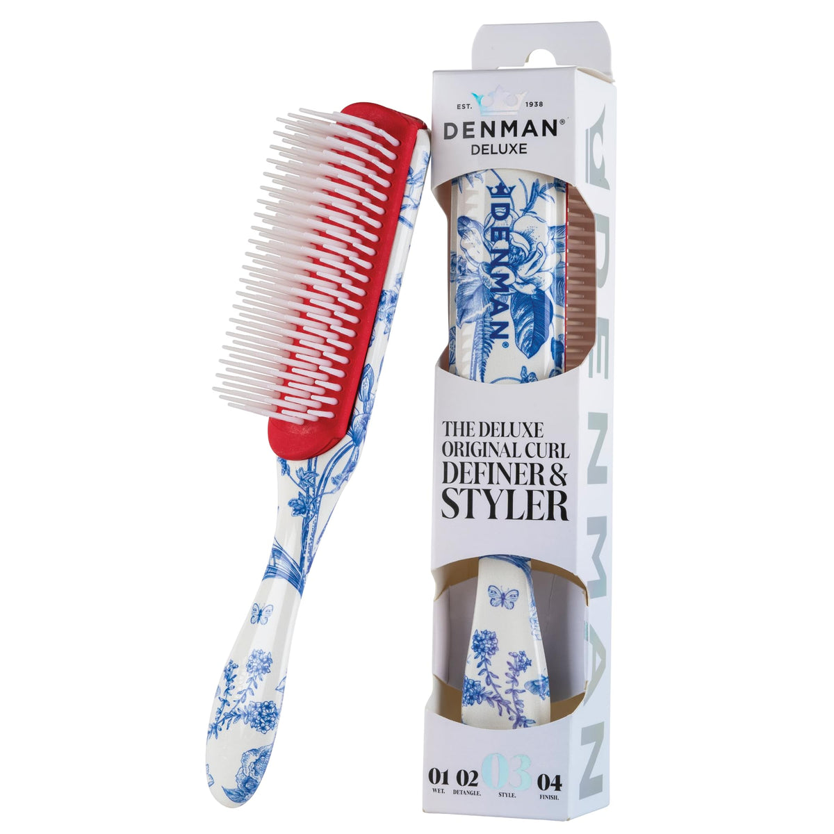 Denman D3 Curly Hair Brush front view with white and blue design