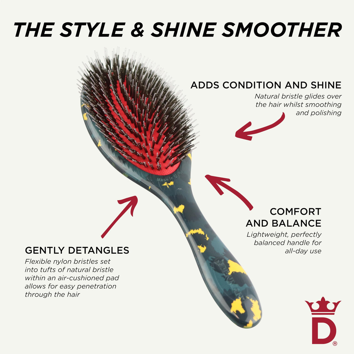 Denman D81M Boar Bristle Hair Brush with ergonomic handle