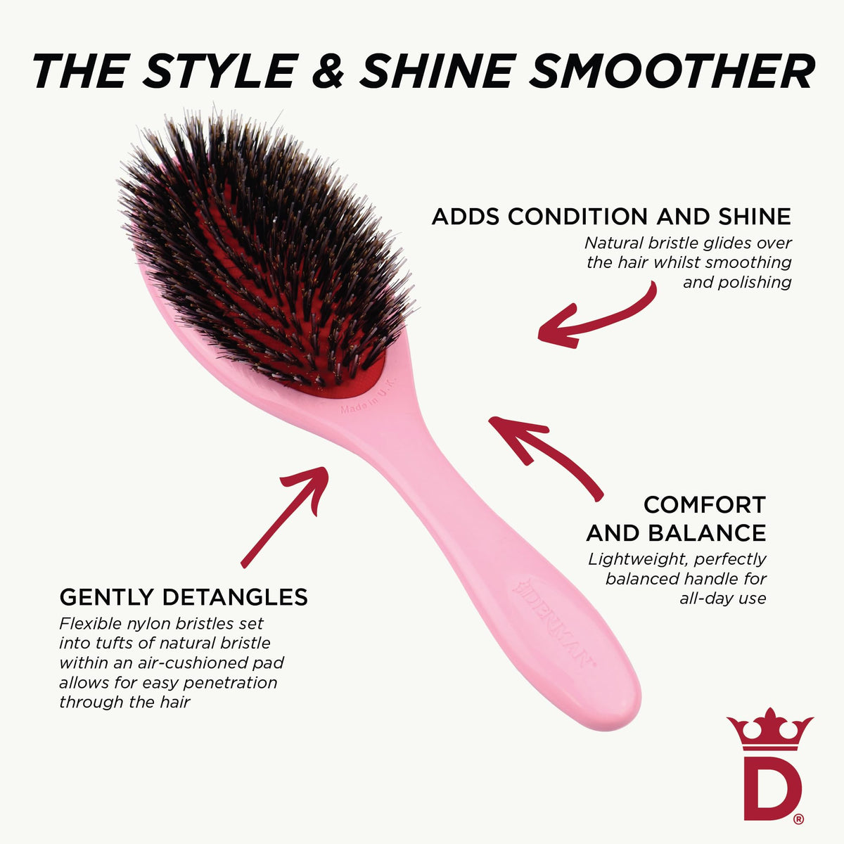Denman hairbrush on vanity with hair products