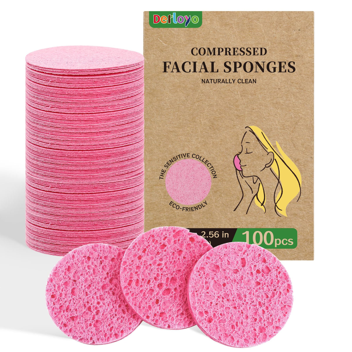 derloyo 100-count compressed facial sponges in packaging