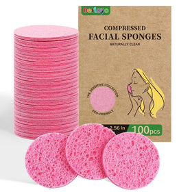 derloyo 100-count compressed facial sponges in packaging