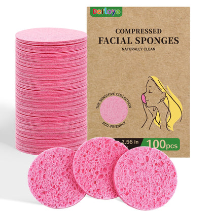 derloyo 100-count compressed facial sponges in packaging