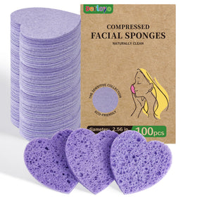 derloyo 100-count compressed facial sponges in purple heart shape