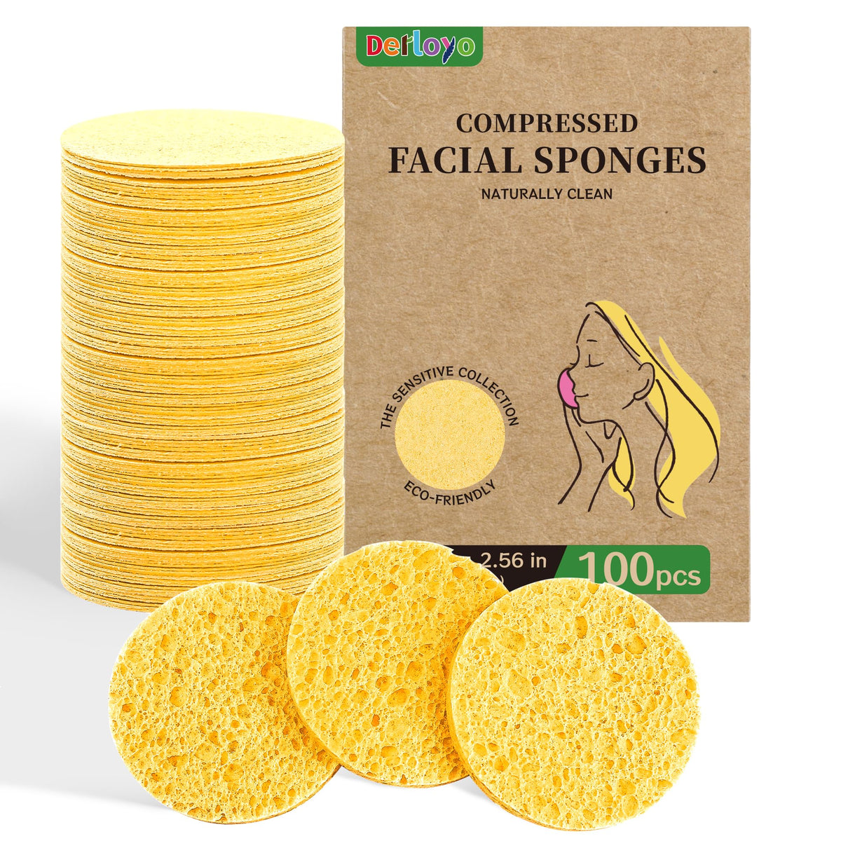 derloyo 100-Count Compressed Facial Sponges Yellow package front view