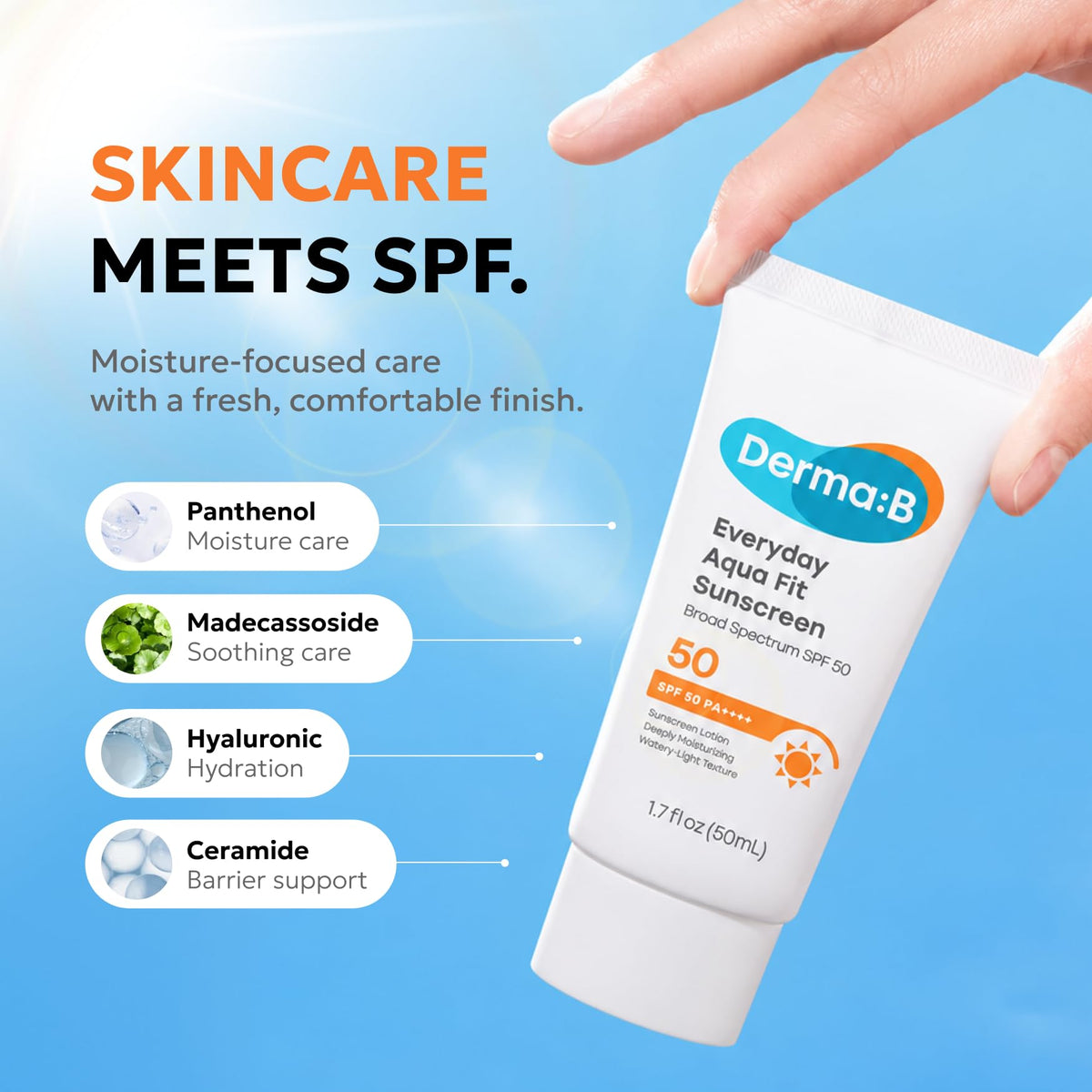 Derma B Everyday Aqua Fit Sunscreen SPF50 packaging details