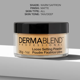 Dermablend Loose Setting Powder Warm Saffron on makeup table