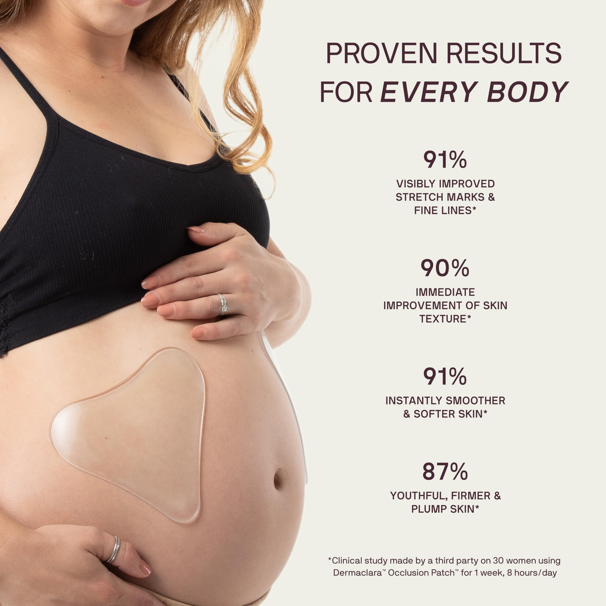 Dermaclara patch applied on belly for stretch mark prevention
