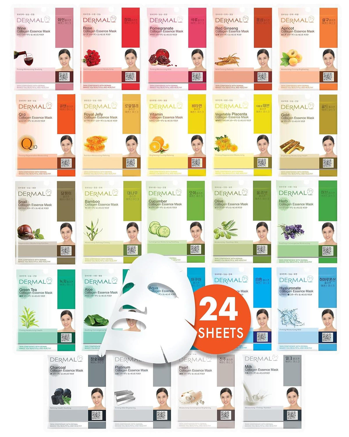 DERMAL 24 Combo Korean Essence Sheet Mask Variety Pack front view