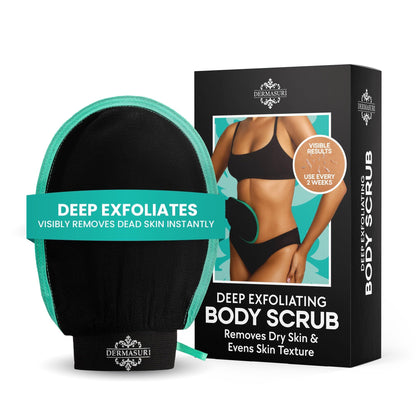 Dermasuri Exfoliating Body Scrubber Glove front view in black