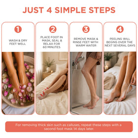 DERMORA Foot Peel Mask booties laid out, showing size and design