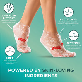 DERMORA Foot Peel Mask booties on a wooden surface
