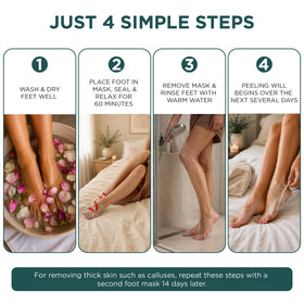DERMORA Foot Peel Mask sock-style booties inside the package