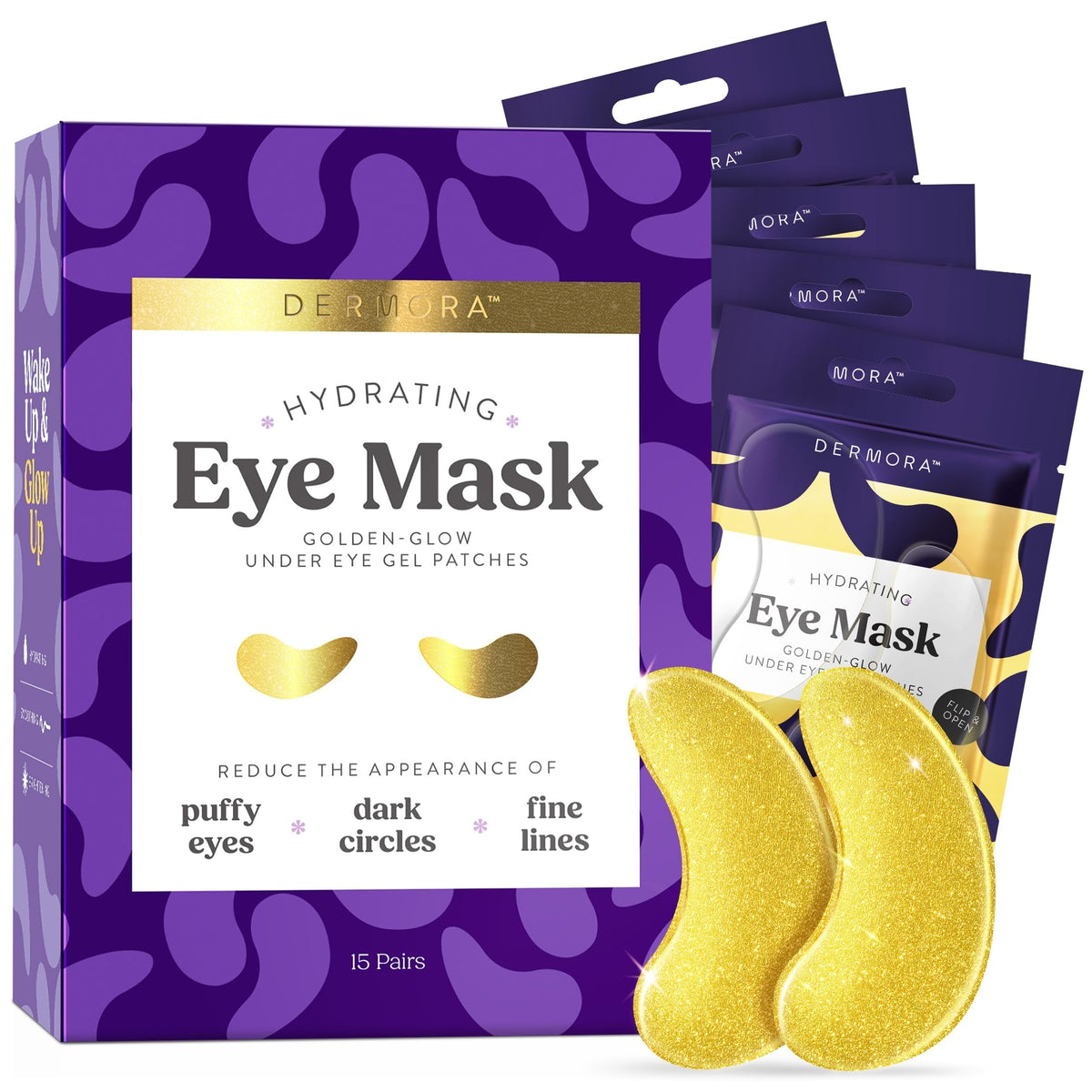 DERMORA Golden Glow Under Eye Patches front view with packaging