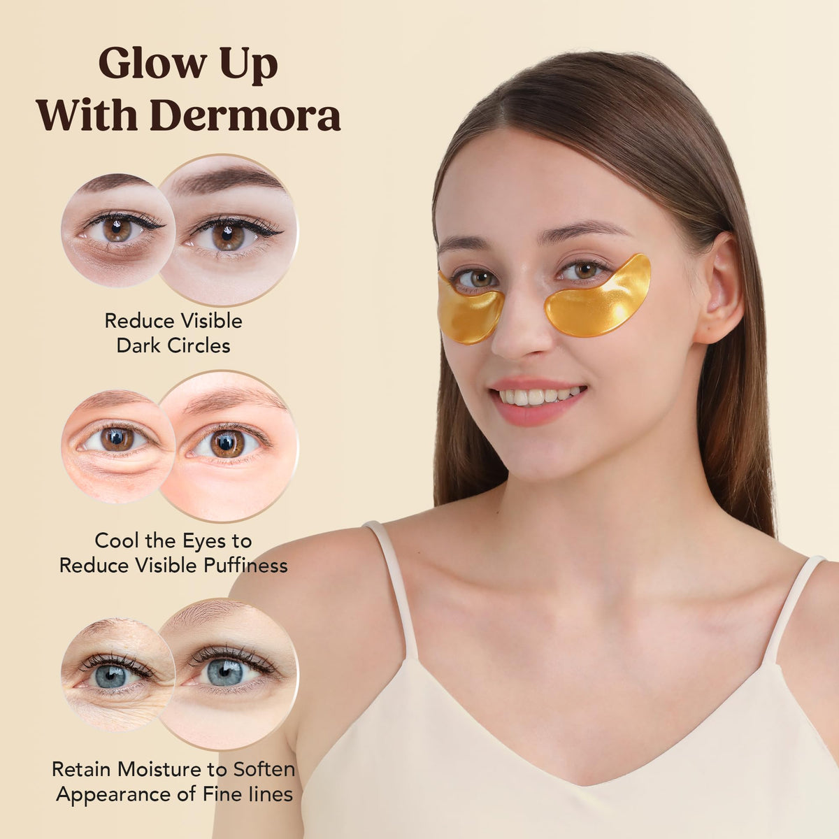 DERMORA Golden Glow Under Eye Patches in use on a model