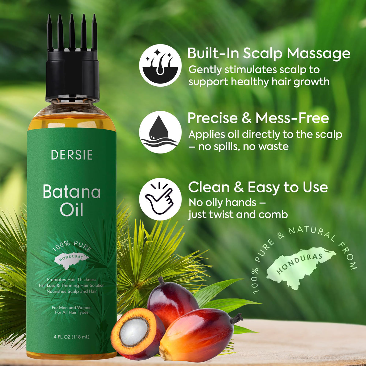 Dersie Batana Oil bottle with natural ingredients background